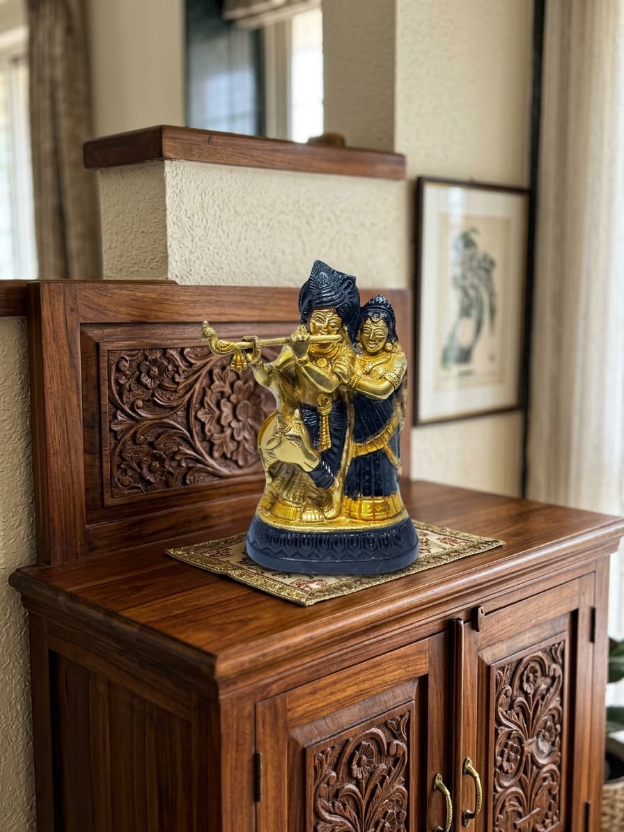 Antique brass finish Radha Krishna idol for home temple
