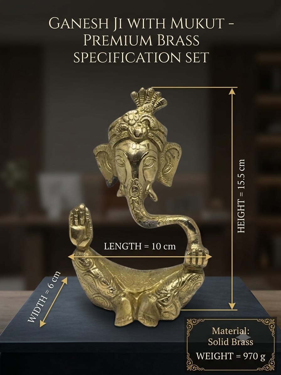 Brass Ganesha Idol with crown -Small Premium Ganesh ji Statue for Home Temple & Pooja Decor .