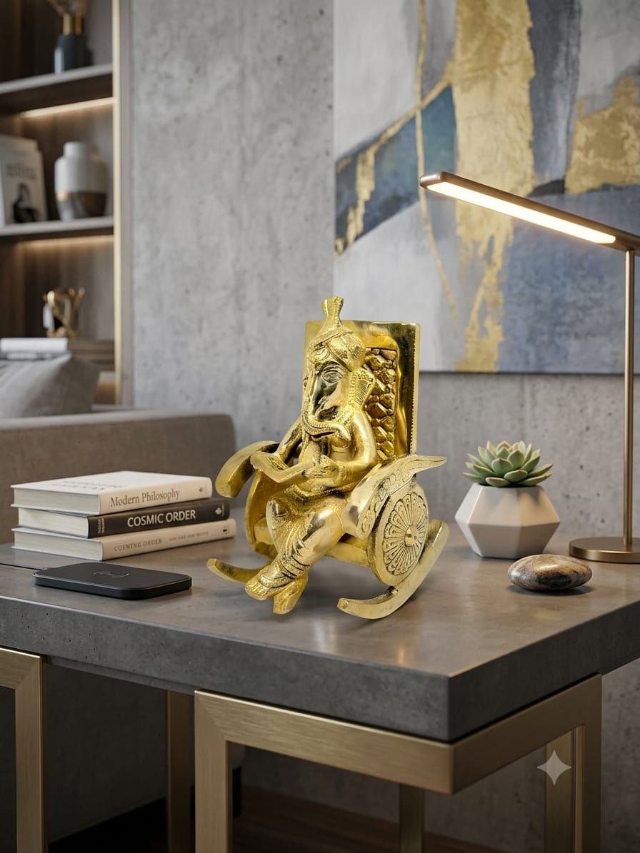 Brass Ganesha Idol on Chair - Premium Lord Ganesh Statue for Home Temple, Pooja & Decor.