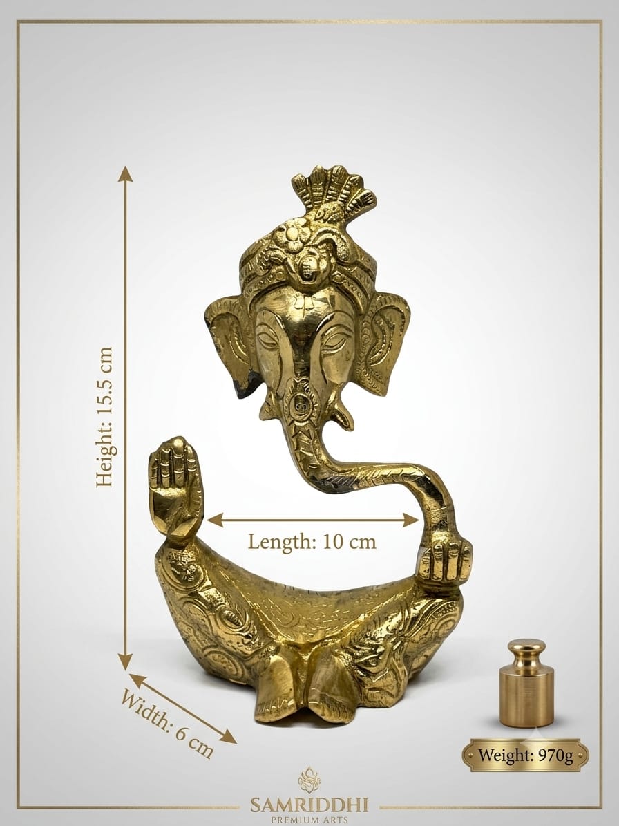 Brass Ganesha Idol with crown -Small Premium Ganesh ji Statue for Home Temple & Pooja Decor .