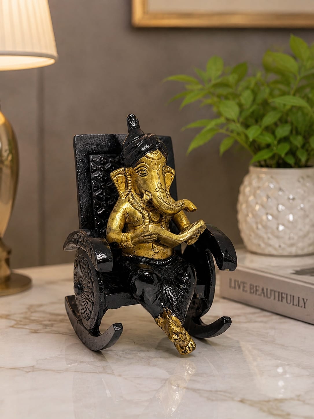 Brass Ganesha Idol on chair - Handcrafted Colored Ganesha Statue for Home Temple, Pooja & Decor.