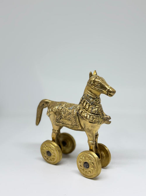 Brass Horse with Wheels, Medium, 12 cm