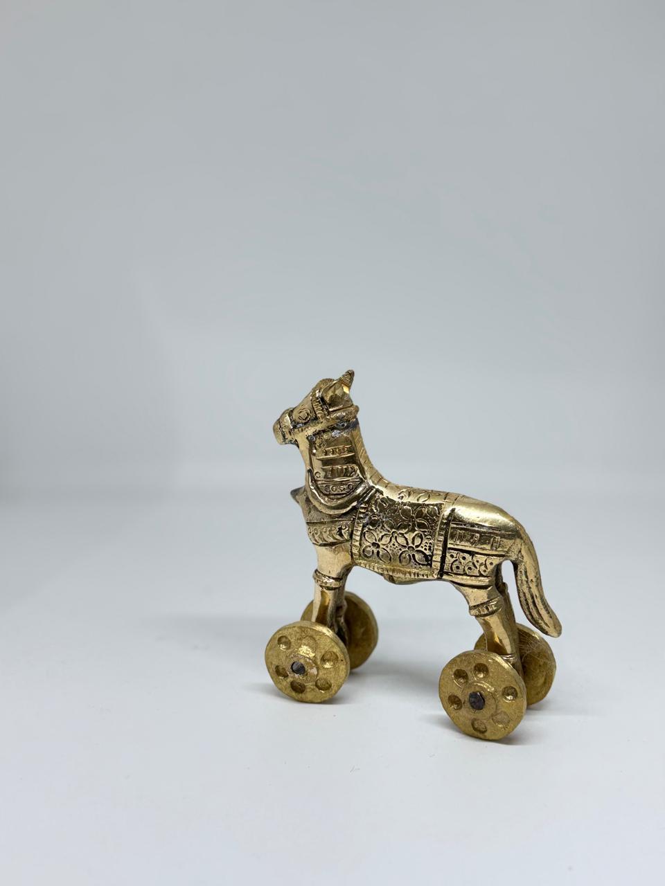 Handcrafted brass horse showpiece with wheels