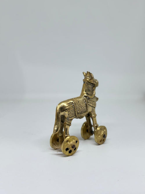 Small Brass Horse with Wheel, 10 cm