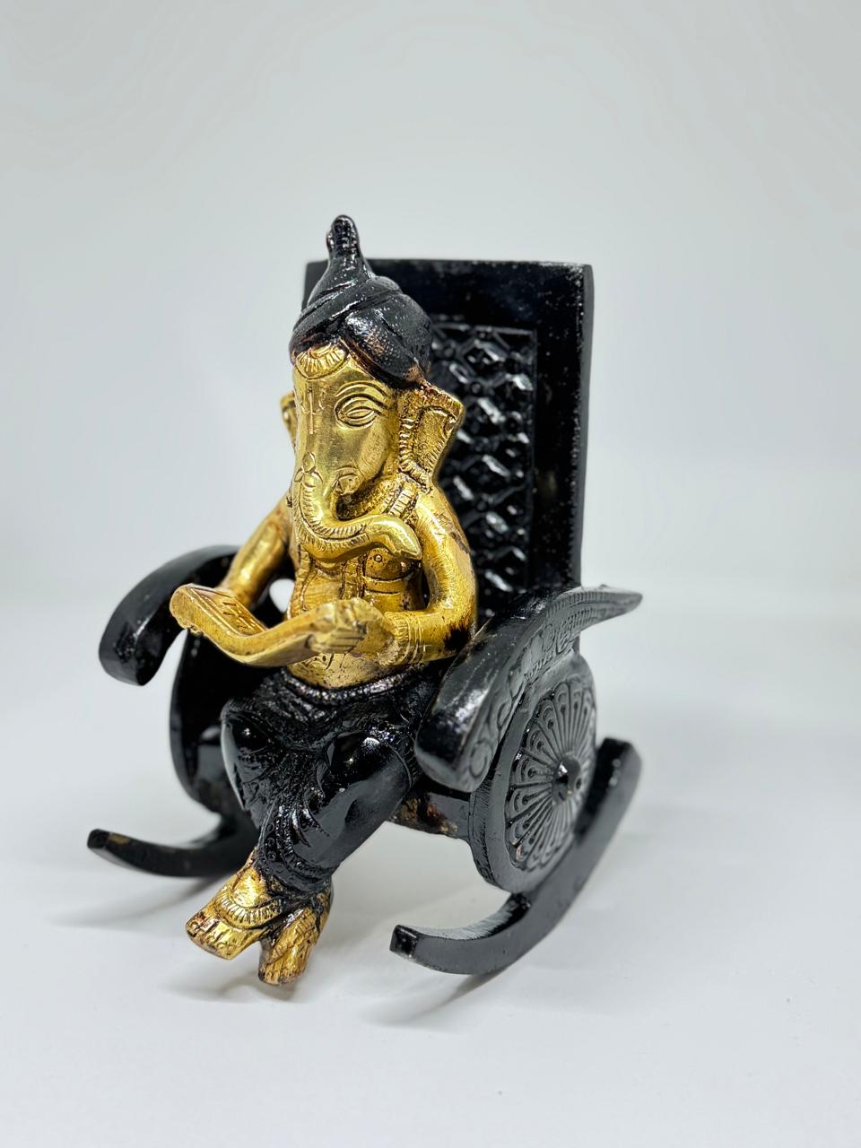 Brass Ganesha Idol on chair - Handcrafted Colored Ganesha Statue for Home Temple, Pooja & Decor.