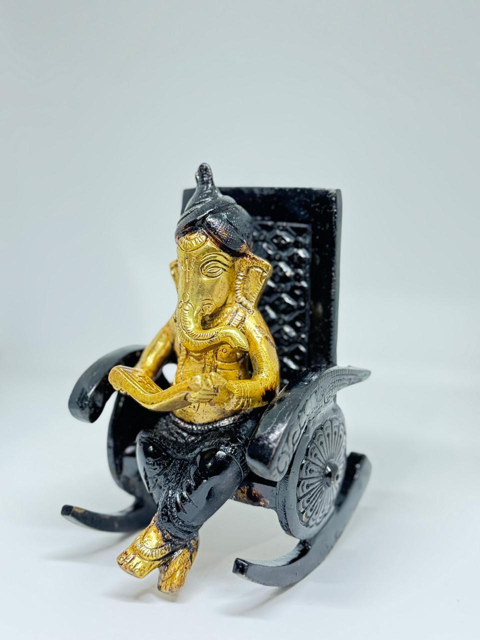 Brass Ganesha Idol on chair - Handcrafted Colored Ganesha Statue for Home Temple, Pooja & Decor.
