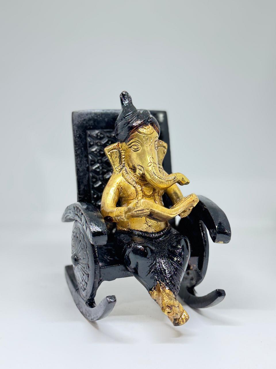 Brass Ganesha Idol on chair - Handcrafted Colored Ganesha Statue for Home Temple, Pooja & Decor.