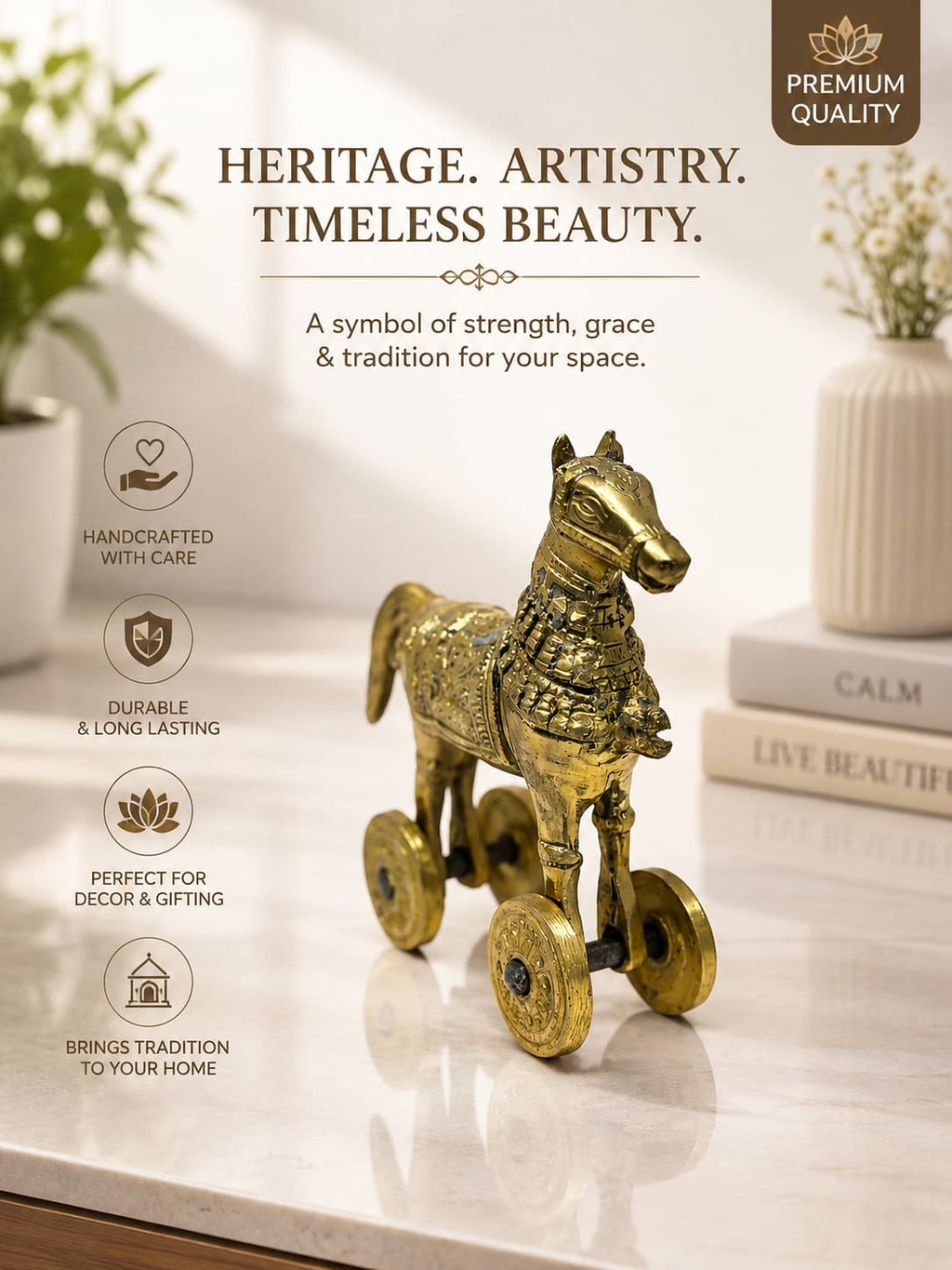 Medium brass horse Shoepiece with wheels, antique finish