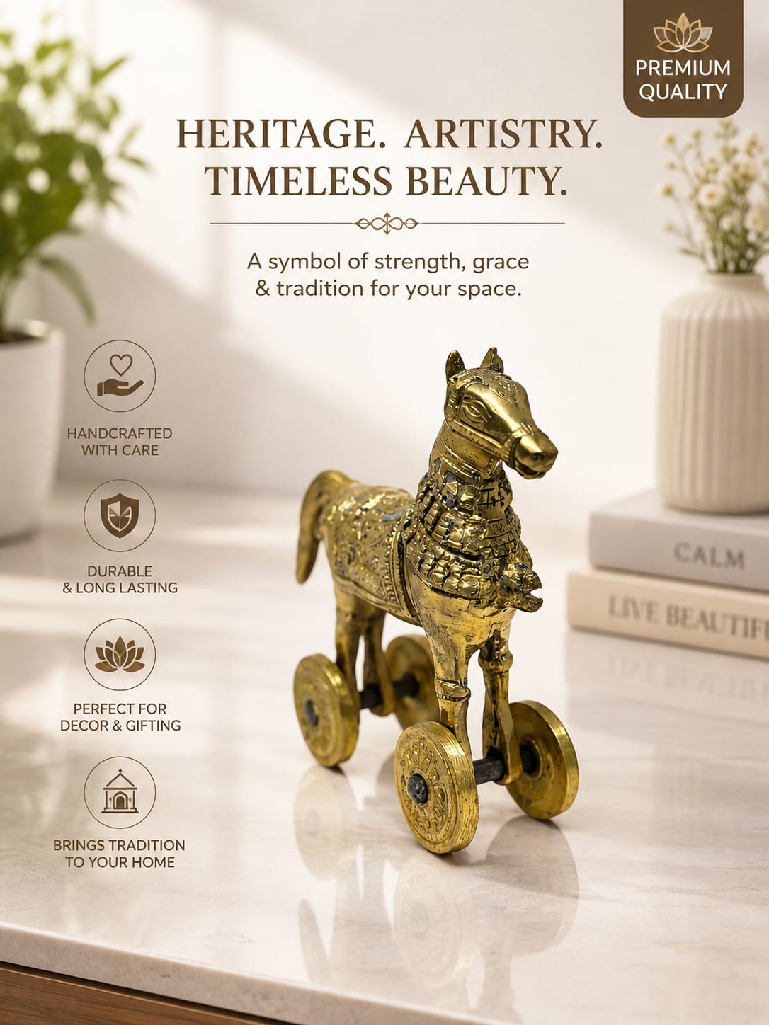 Medium brass horse Shoepiece with wheels, antique finish