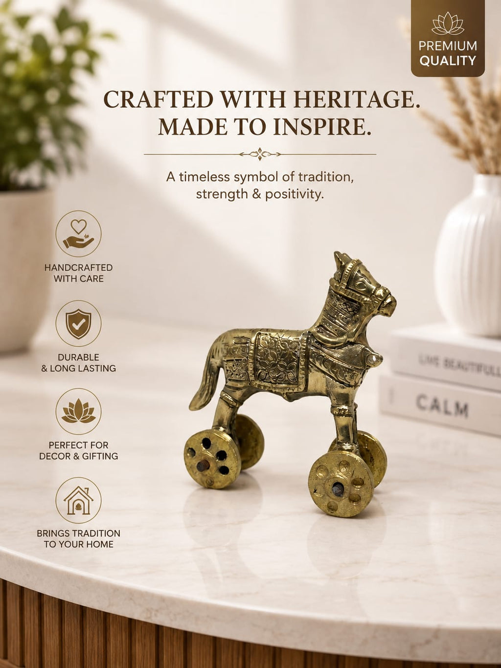 Handcrafted brass horse showpiece with wheels