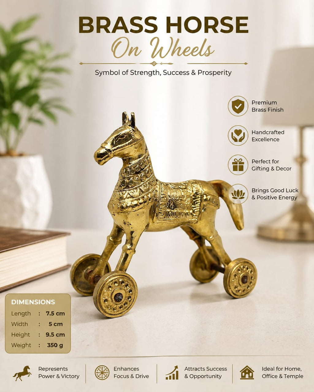 Classic brass horse showpiece, handmade with wheel