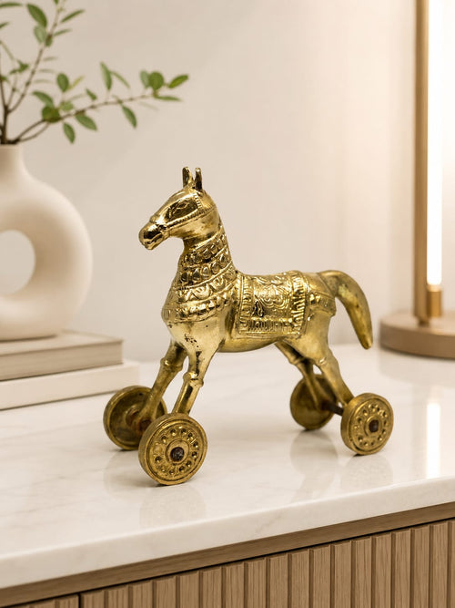 Brass Horse Showpiece with Wheel, 17 cm