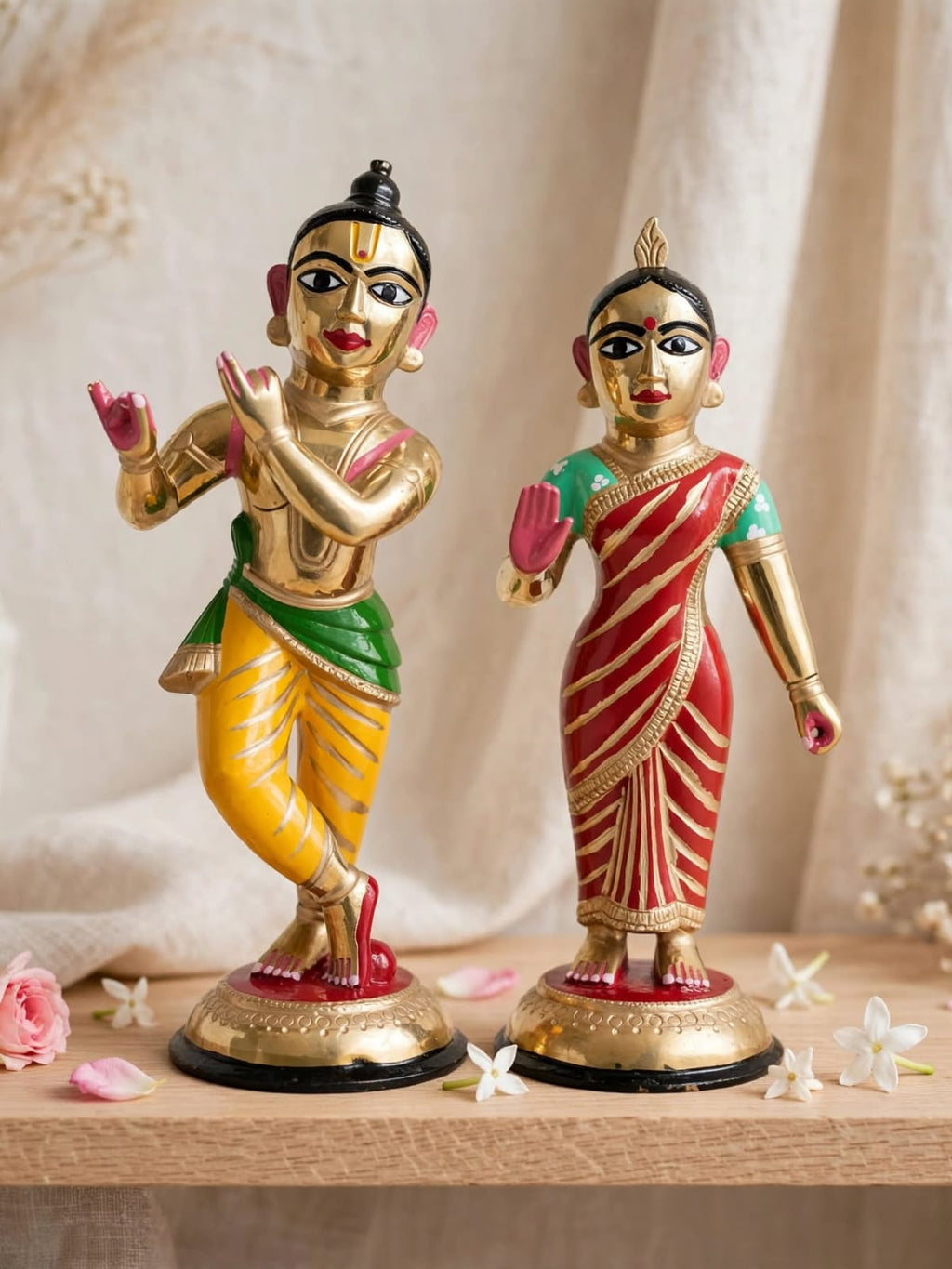 Premium Radha Krishna Idol Set- Handcrafted Brass Finish Decorative Figurine Pair for Home Temple, Living Room & Pooja Decor.