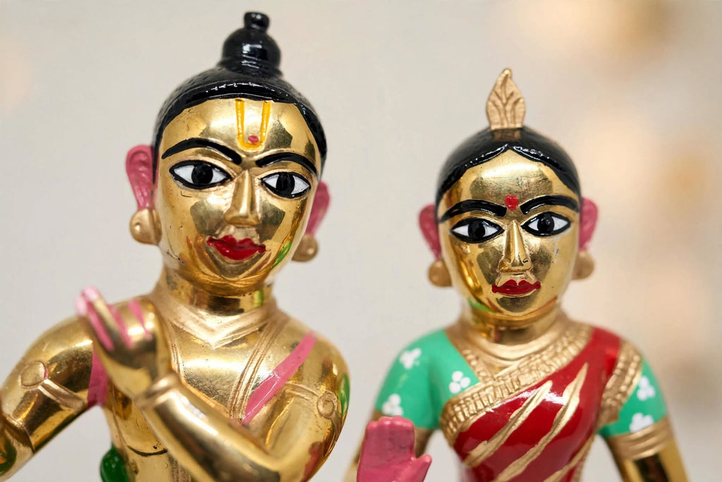 Premium Radha Krishna Idol Set- Handcrafted Brass Finish Decorative Figurine Pair for Home Temple, Living Room & Pooja Decor.