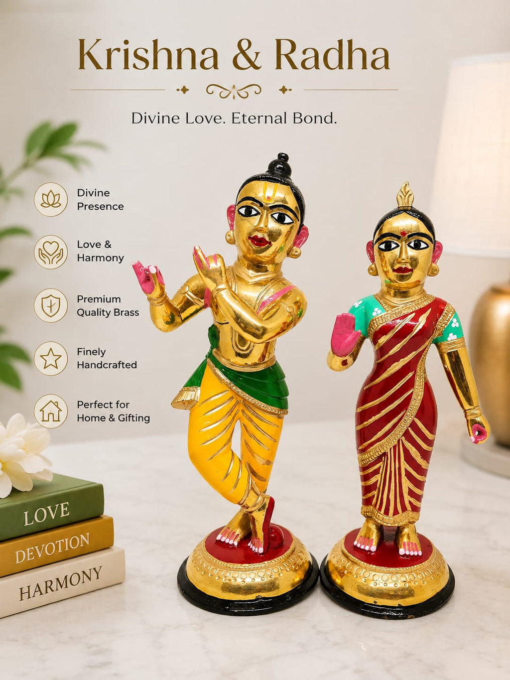 Premium Radha Krishna Idol Set- Handcrafted Brass Finish Decorative Figurine Pair for Home Temple, Living Room & Pooja Decor.