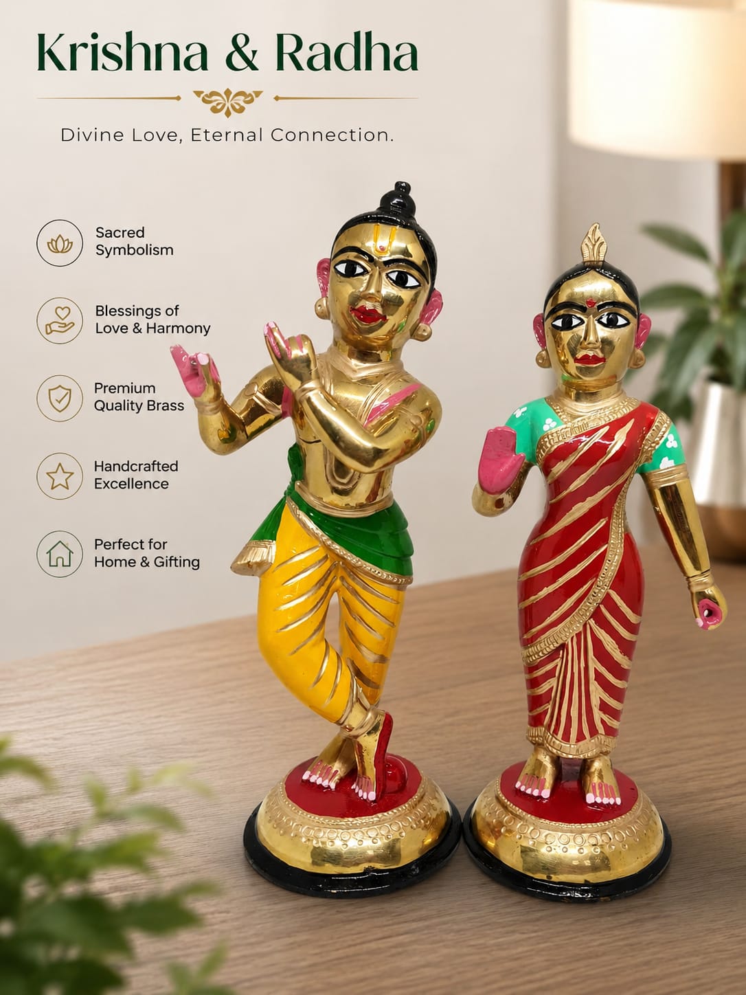 Premium Radha Krishna Idol Set- Handcrafted Brass Finish Decorative Figurine Pair for Home Temple, Living Room & Pooja Decor.