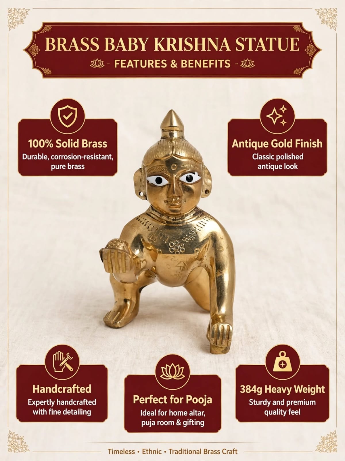 Premium Brass Laddu Gopal Idol for Pooja & Home Decor-Traditional Bal Krishna Murti for Temple.