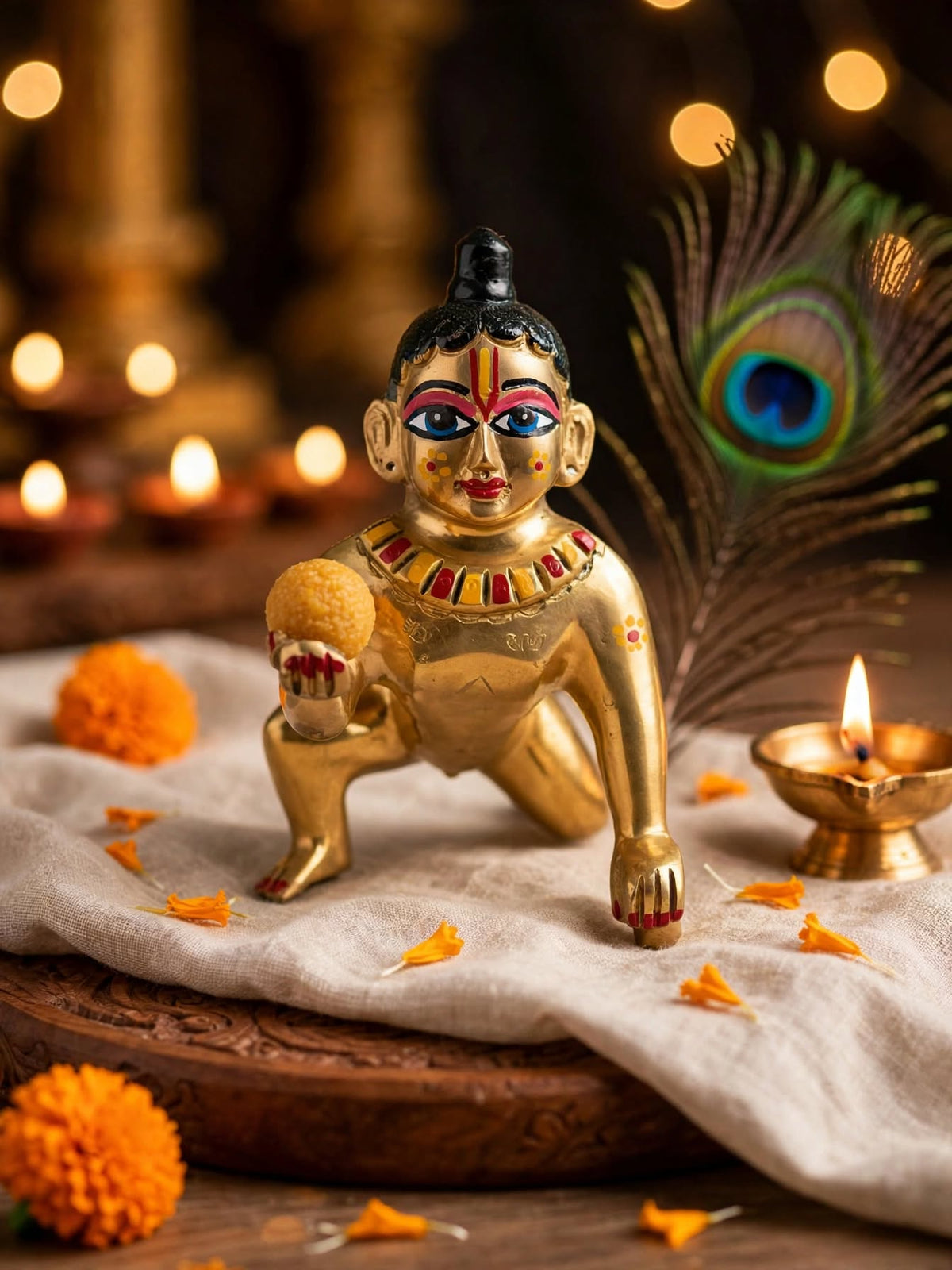 Premium Brass Colourful Laddu Gopal Idol-Bal Gopal Krishna Murti - Traditional Decorative Statue for Home Temple, Pooja Room & Gifting .