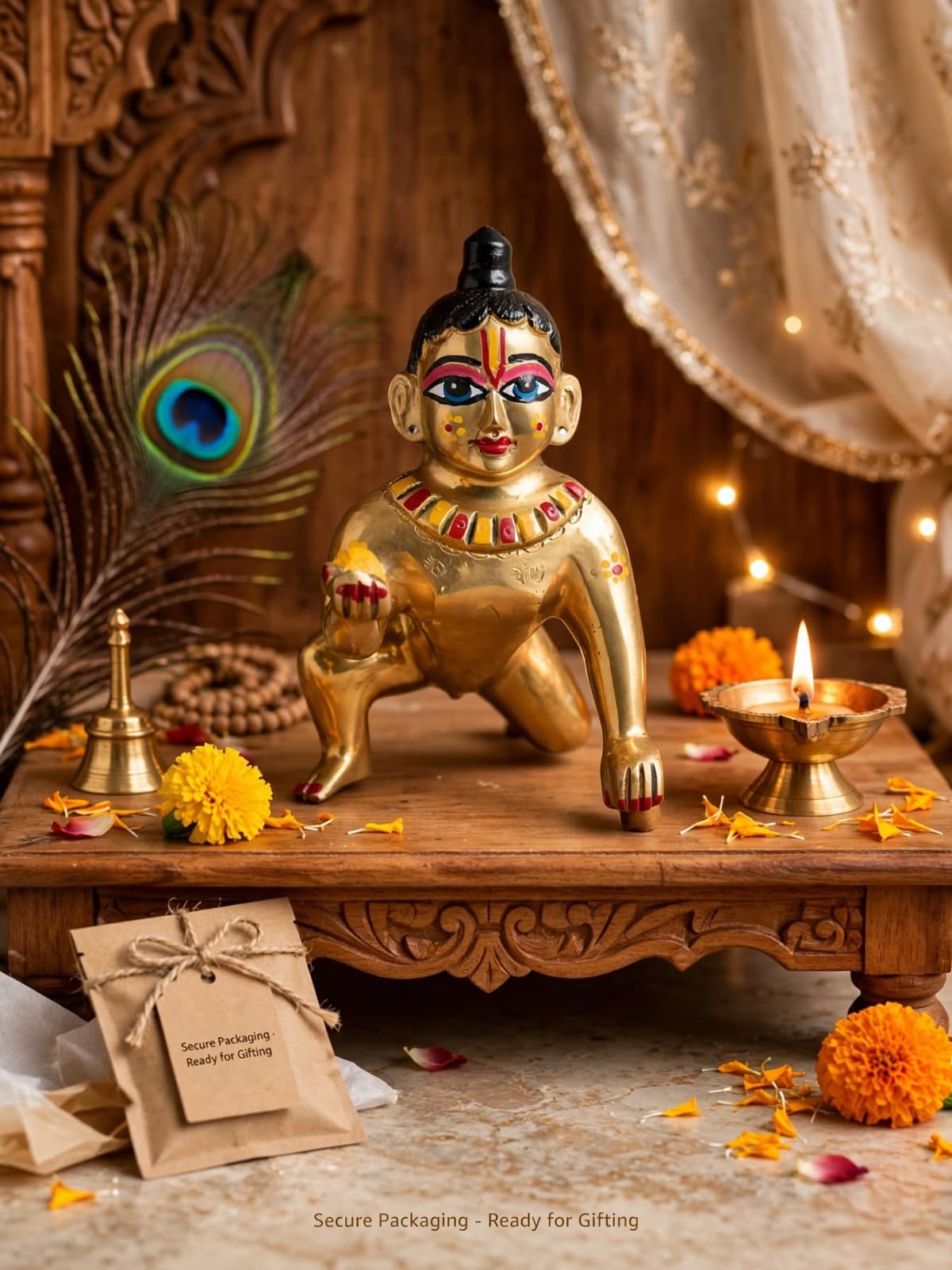 Premium Brass Colourful Laddu Gopal Idol-Bal Gopal Krishna Murti - Traditional Decorative Statue for Home Temple, Pooja Room & Gifting .