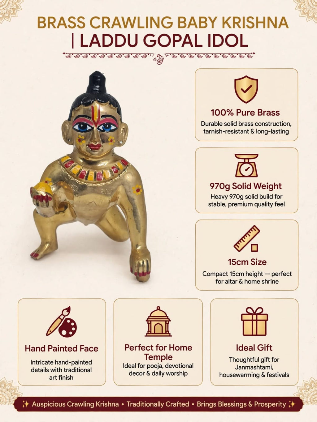 Premium Brass Colourful Laddu Gopal Idol-Bal Gopal Krishna Murti - Traditional Decorative Statue for Home Temple, Pooja Room & Gifting .