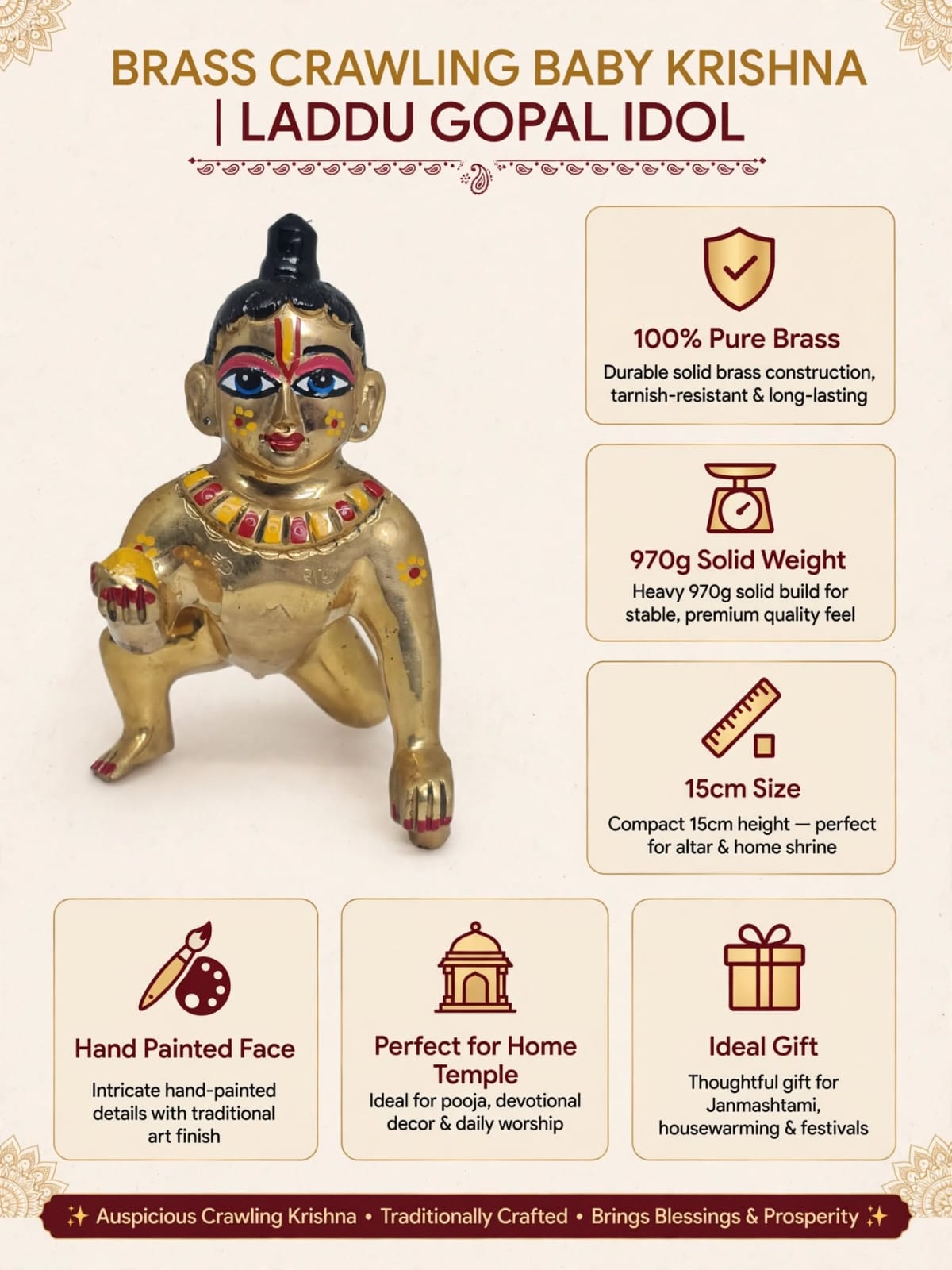 Premium Brass Colourful Laddu Gopal Idol-Bal Gopal Krishna Murti - Traditional Decorative Statue for Home Temple, Pooja Room & Gifting .