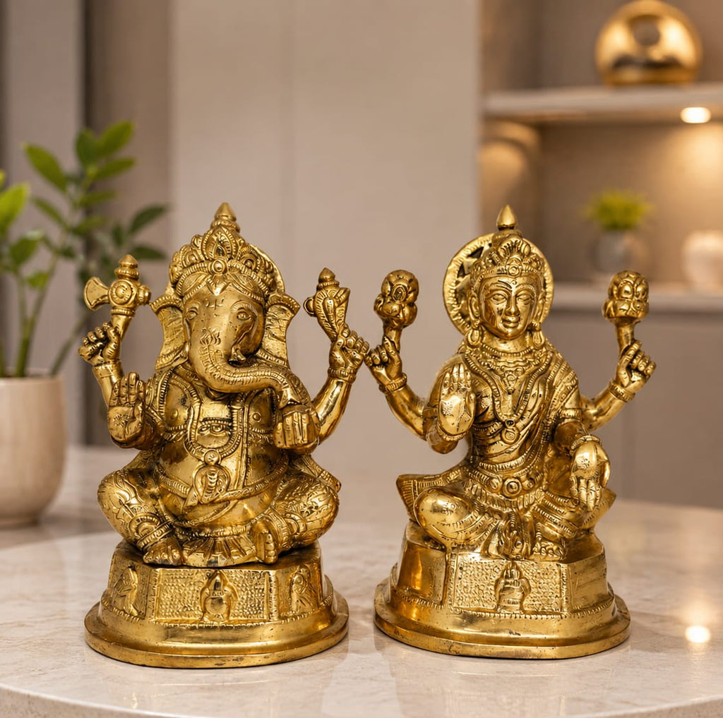 Antique Brass Lakshmi Ganesh Idol set for Pooja & Home Decor-Traditional Hindu Deity Statue for Temple & festive Decoration.