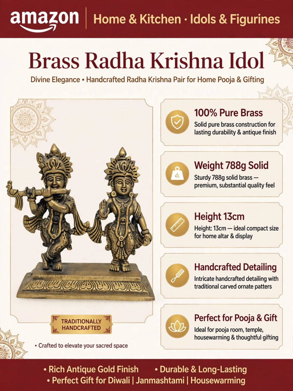Antique Brass Radhakrishna Idol - Radha Krishna Statue - Traditional Brass Figurine for Home Temple, puja Room & Decor.