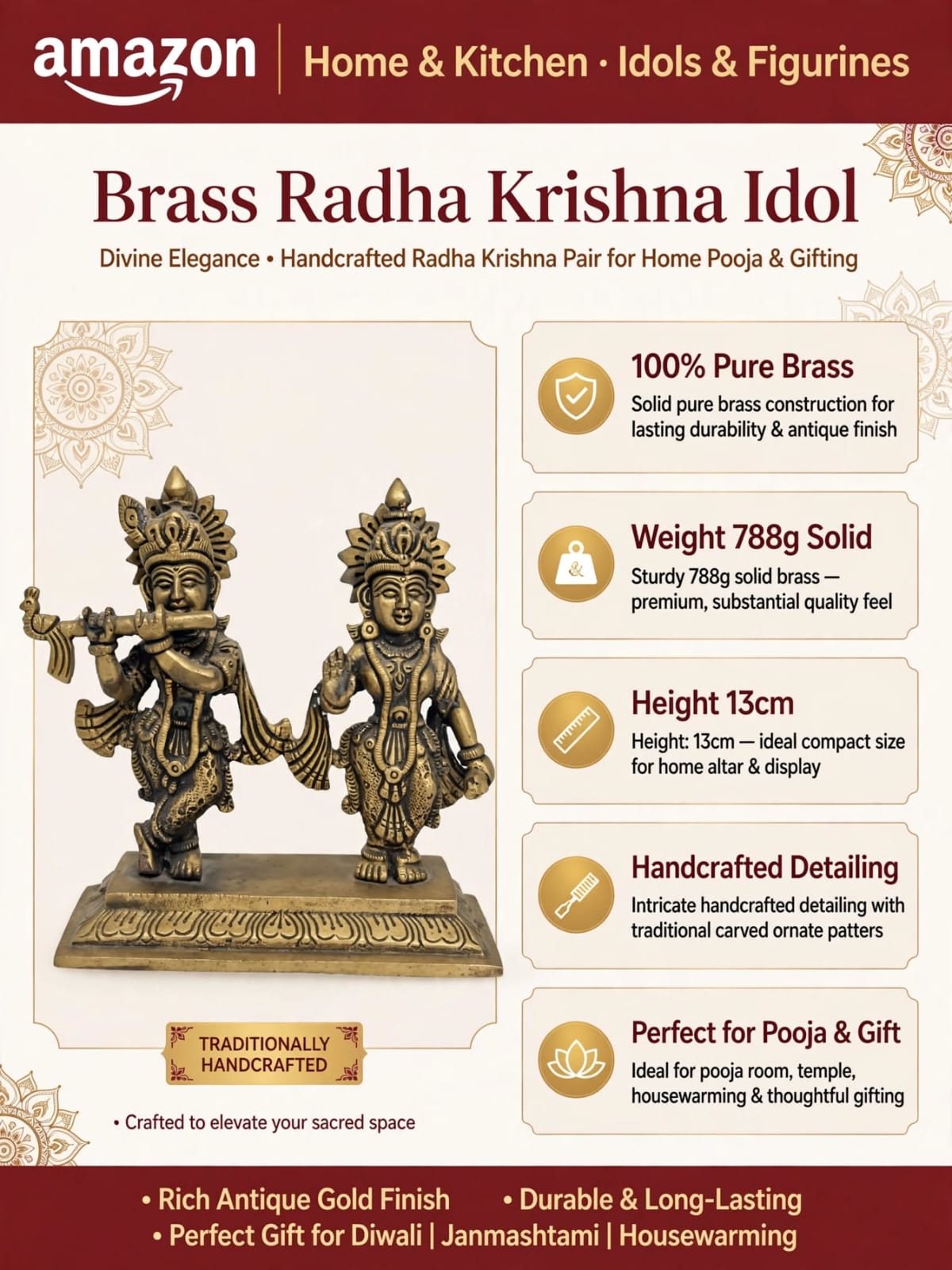 Antique Brass Radhakrishna Idol - Radha Krishna Statue - Traditional Brass Figurine for Home Temple, puja Room & Decor.