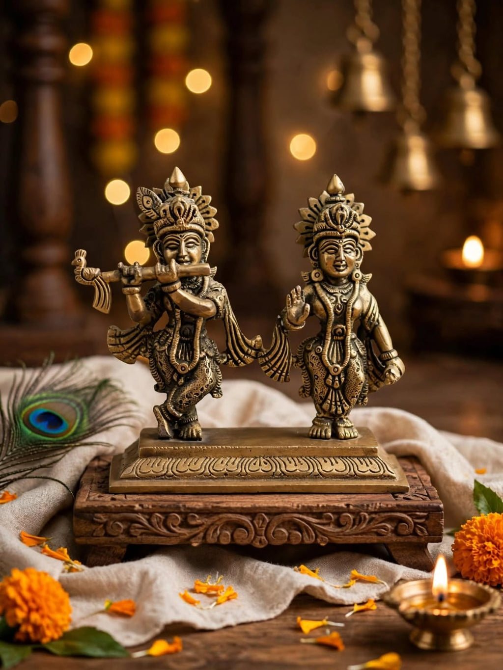 Antique Brass Radhakrishna Idol - Radha Krishna Statue - Traditional Brass Figurine for Home Temple, puja Room & Decor.