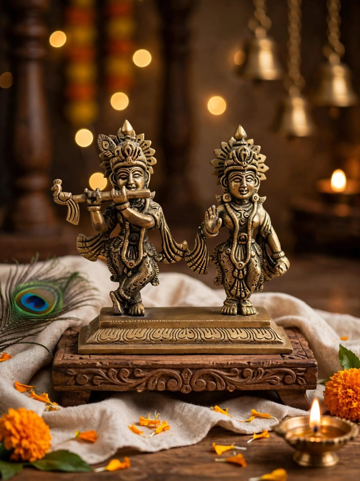 Antique Brass Radhakrishna Idol - Radha Krishna Statue - Traditional Brass Figurine for Home Temple, puja Room & Decor.