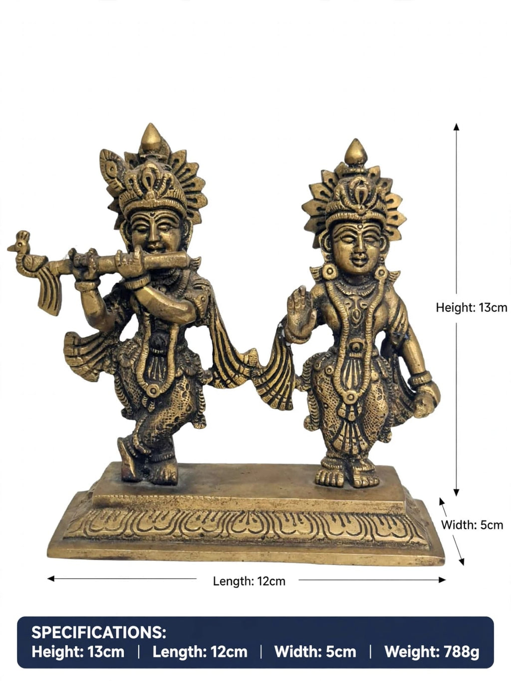 Antique Brass Radhakrishna Idol - Radha Krishna Statue - Traditional Brass Figurine for Home Temple, puja Room & Decor.