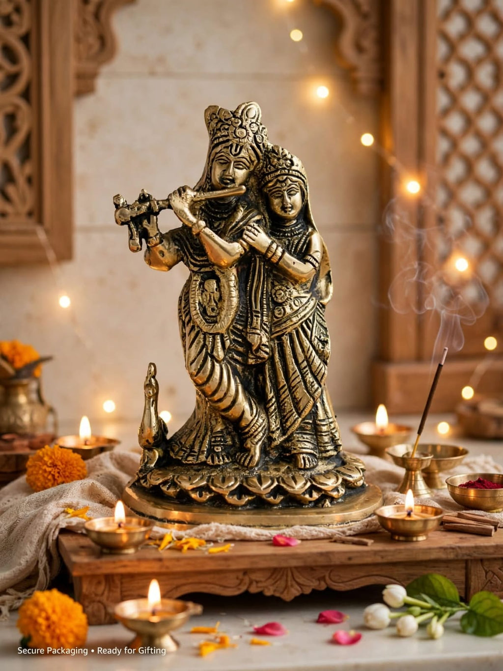 Antique Brass Radha Krishna Idol - Radha Krishna Statue for Home Temple & Puja Room - Traditional Brass Decorative gifting .