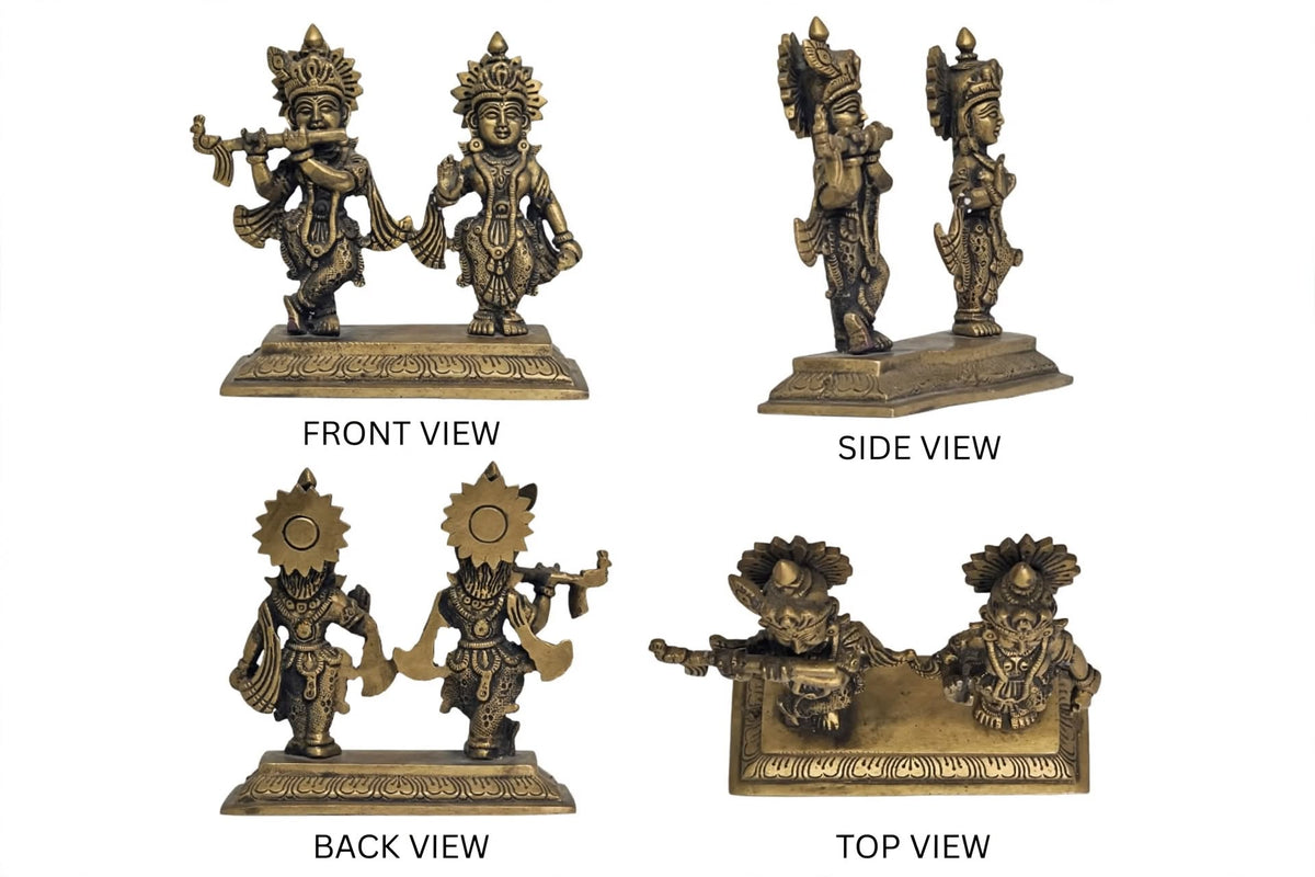 Antique Brass Radhakrishna Idol - Radha Krishna Statue - Traditional Brass Figurine for Home Temple, puja Room & Decor.