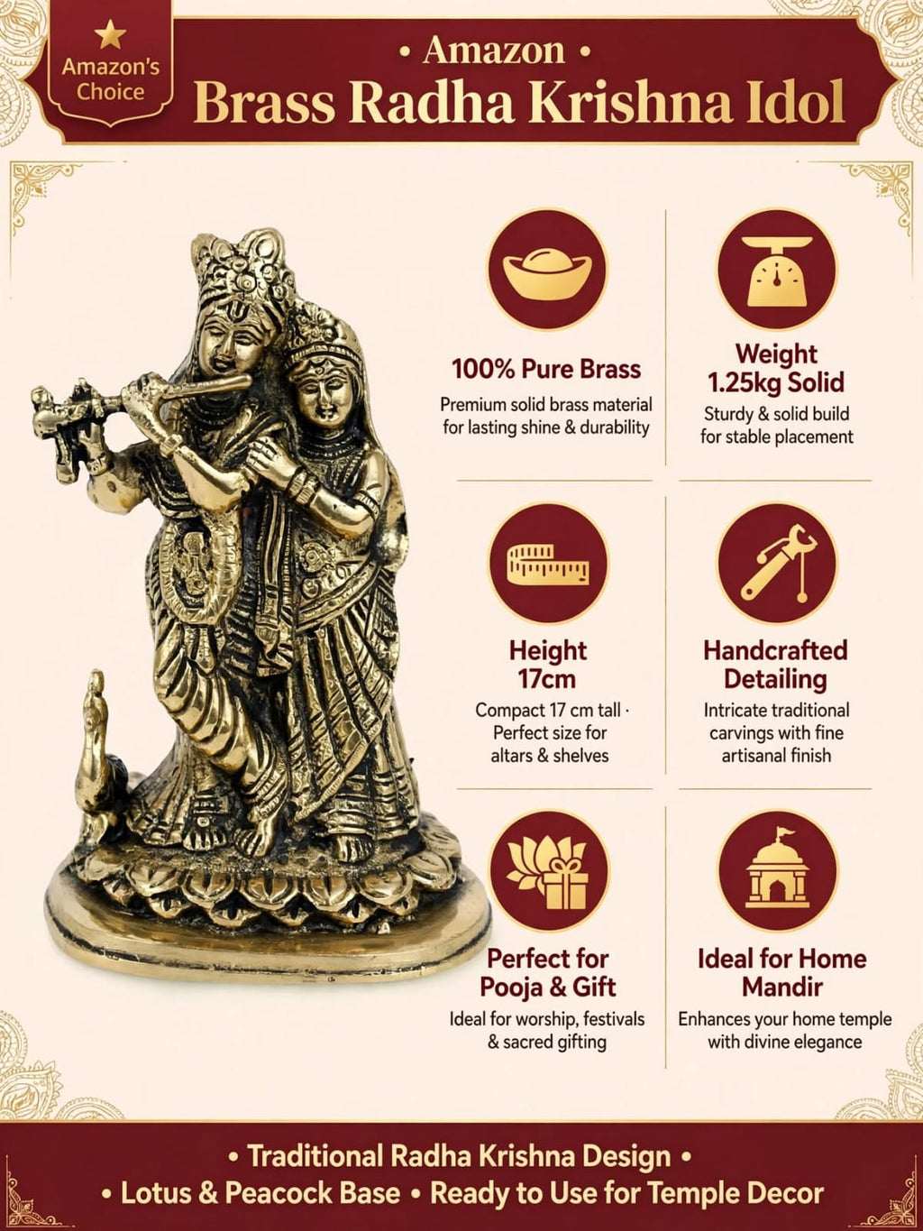 Antique Brass Radha Krishna Idol - Radha Krishna Statue for Home Temple & Puja Room - Traditional Brass Decorative gifting .