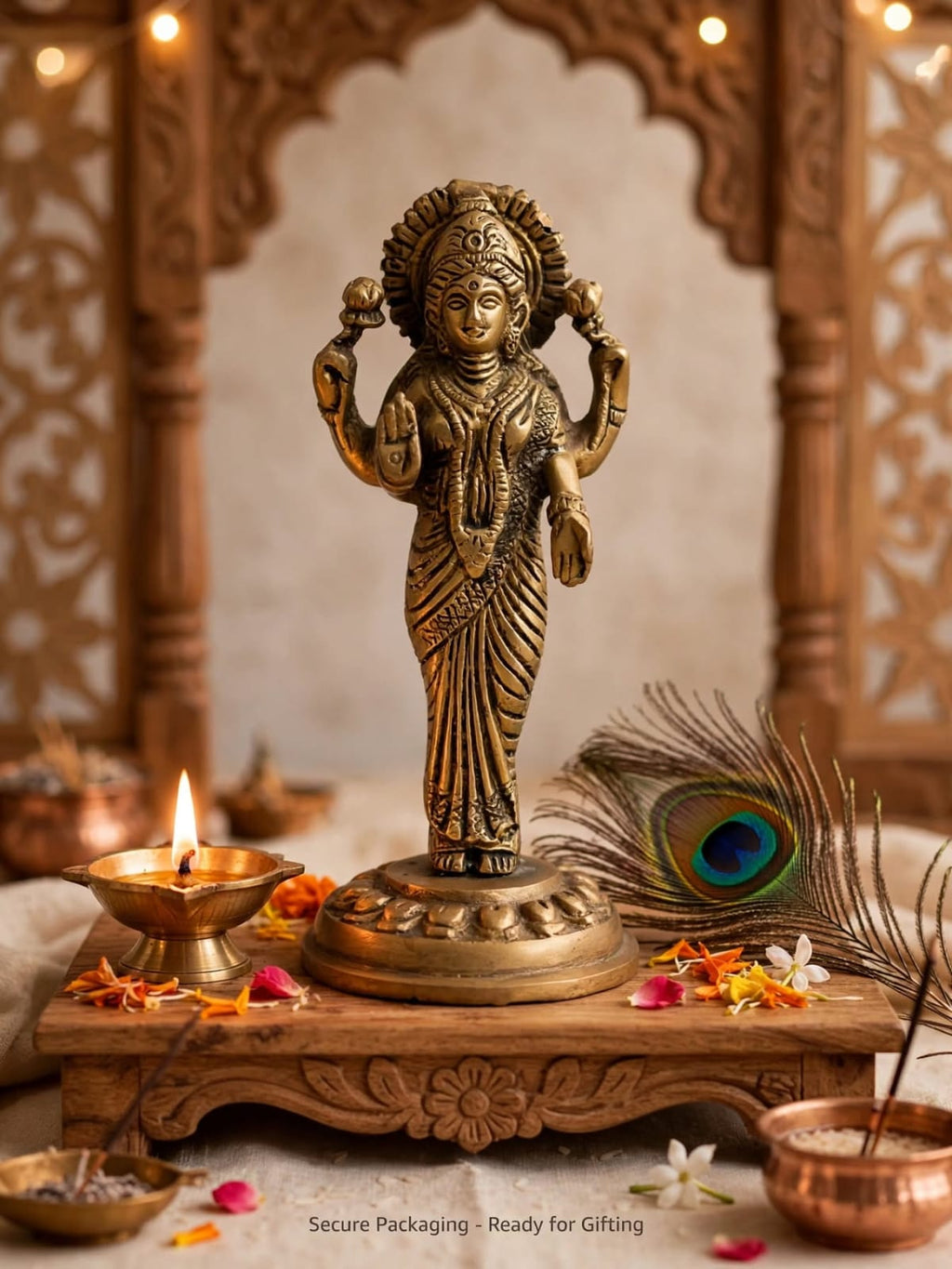 Antique Brass Lakshmi ji Idol-Goddess Lakshmi Statue for Home Temple & Pooja Room - Traditional Brass Decorative Figurine .