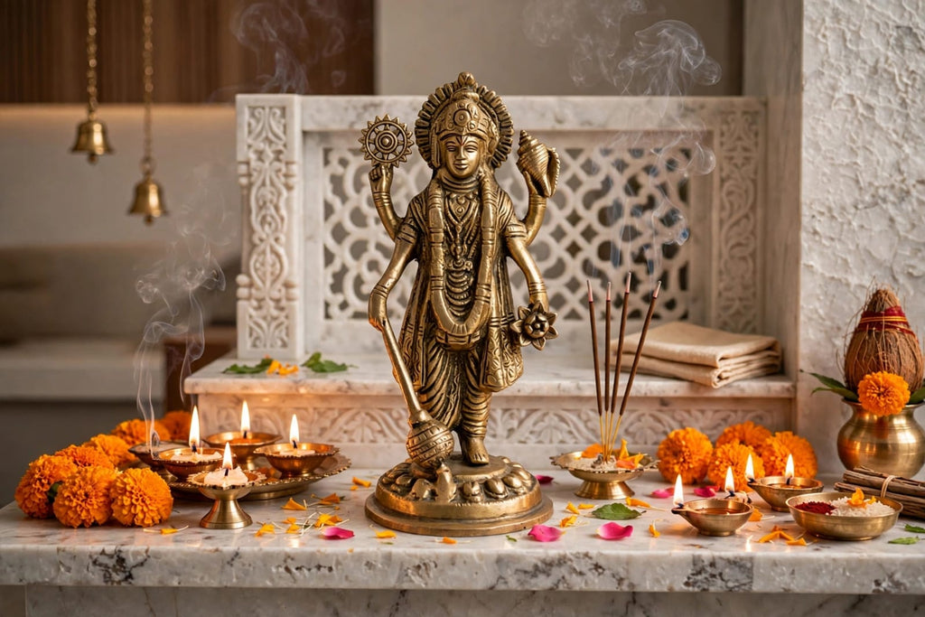 Antique Brass Vishnu Ji Idol – Lord Vishnu Statue for Home Temple & Puja Room