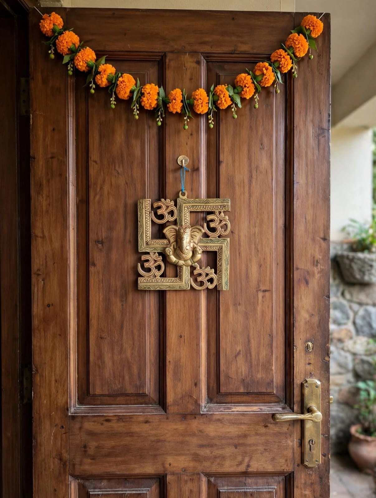 Antique Brass Om Swastik Ganesh Wall Hanging for Home Decor & Pooja -traditional Hindu Wall Decoration.