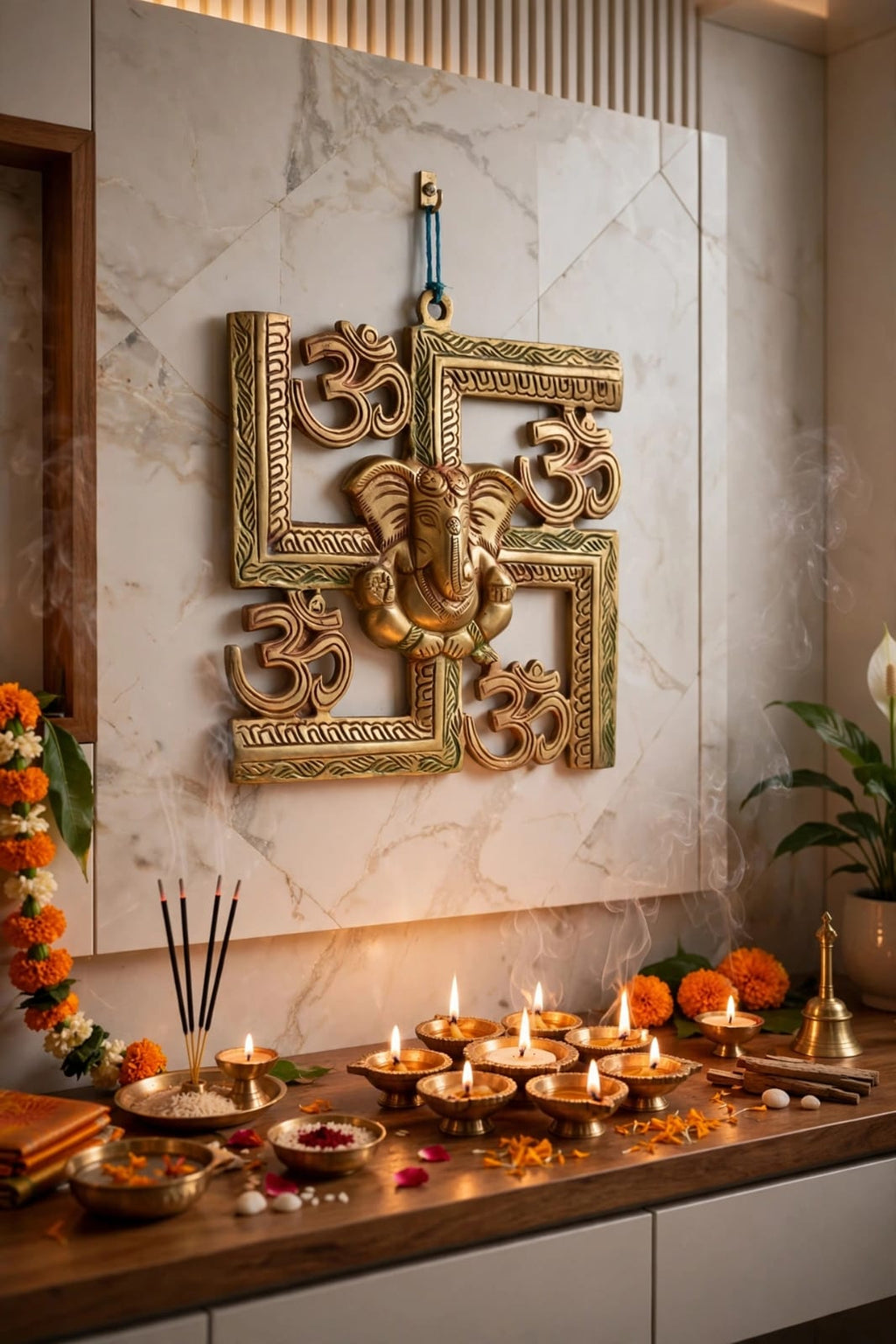 Antique Brass Om Swastik Ganesh Wall Hanging for Home Decor & Pooja -traditional Hindu Wall Decoration.