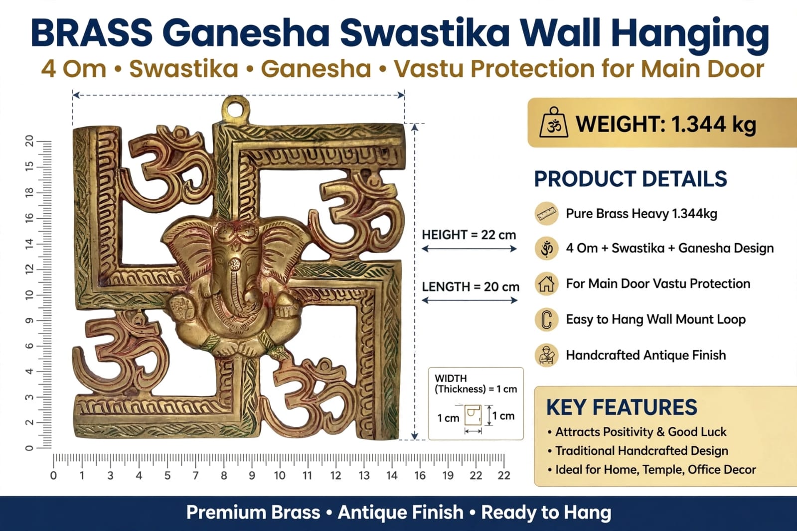 Antique Brass Om Swastik Ganesh Wall Hanging for Home Decor & Pooja -traditional Hindu Wall Decoration.