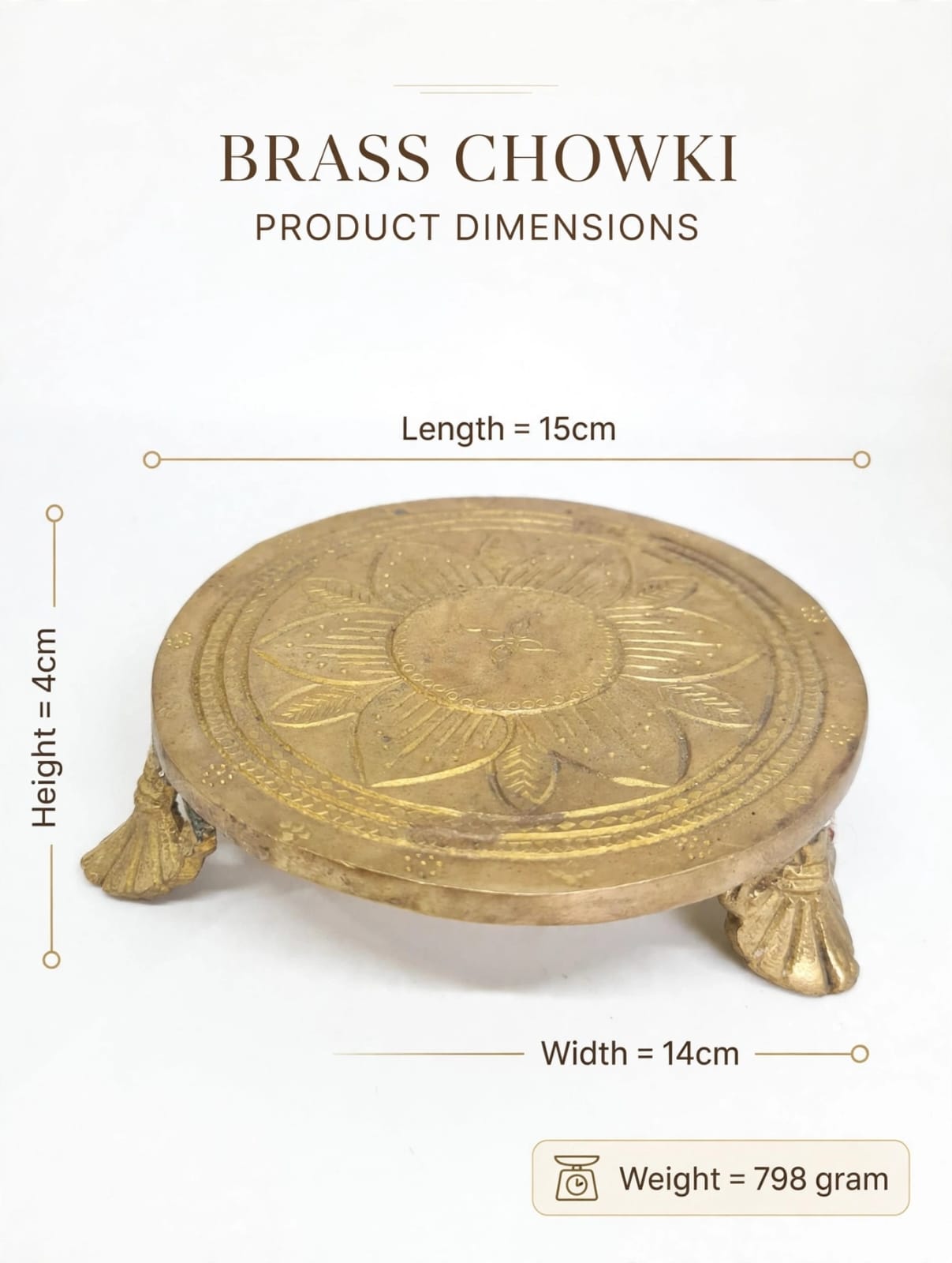Antique Brass Chowki for Pooja & Home Decor-Traditional Brass Paat for Idol, Diya & Temple Decoration .
