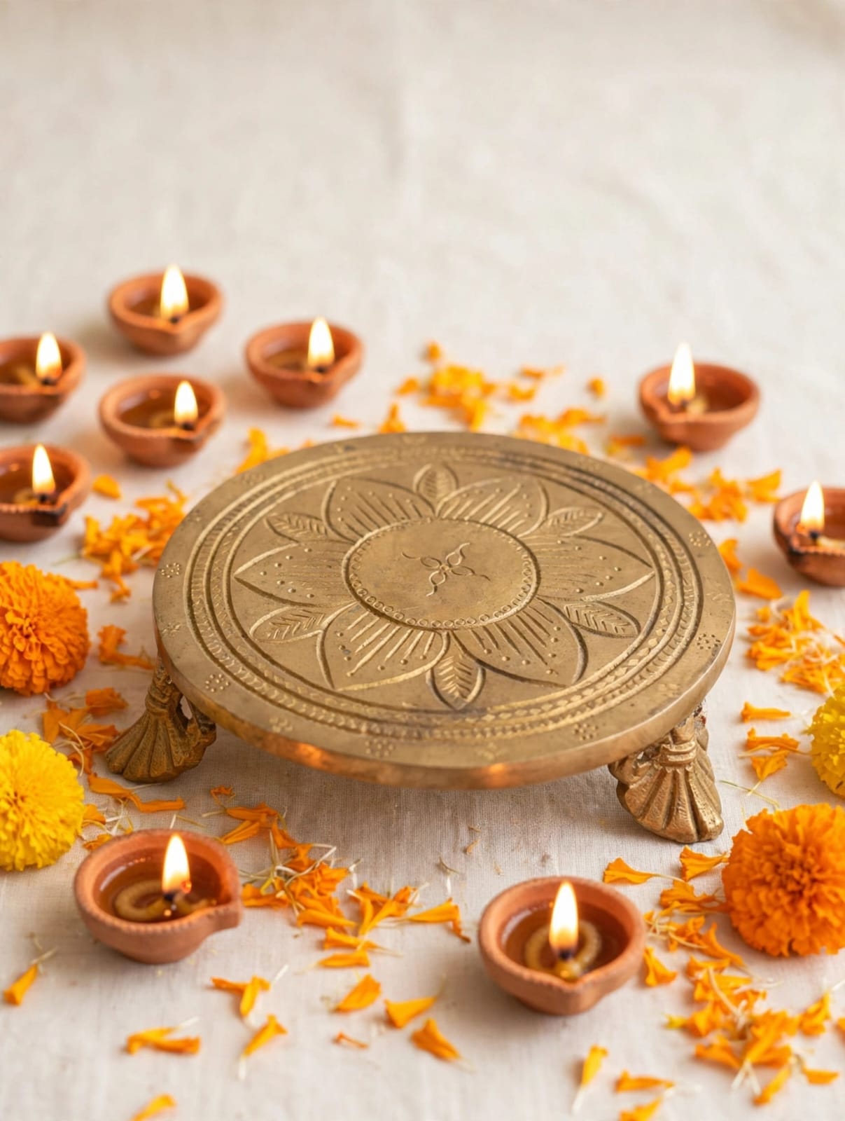 Antique Brass Chowki for Pooja & Home Decor-Traditional Brass Paat for Idol, Diya & Temple Decoration .