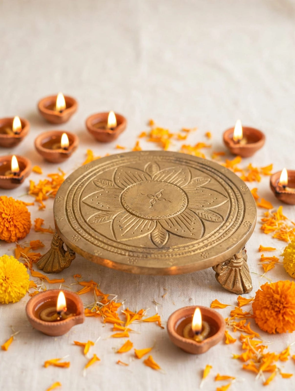 Antique Brass Chowki for Pooja & Home Decor-Traditional Brass Paat for Idol, Diya & Temple Decoration .