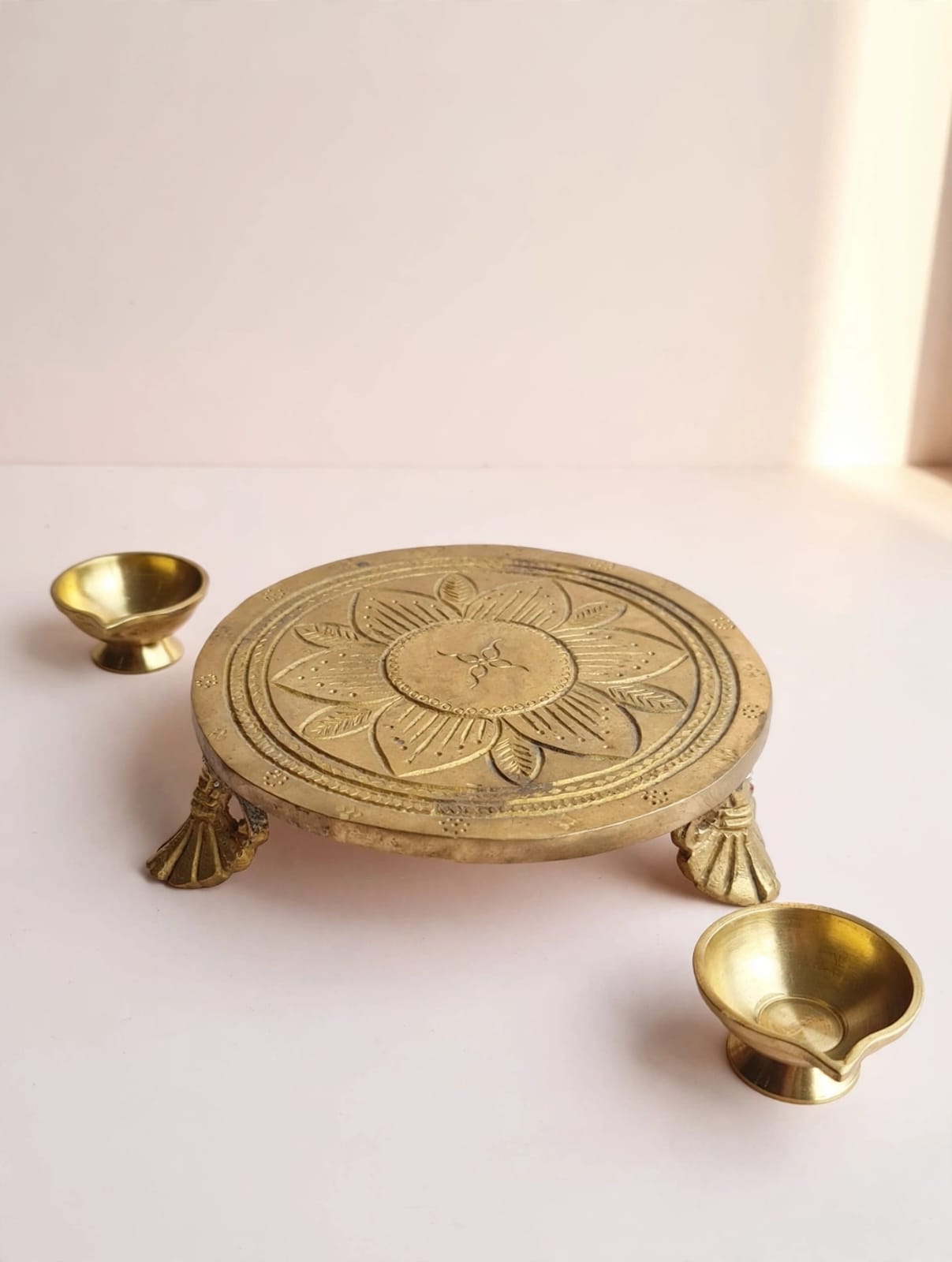 Antique Brass Chowki for Pooja & Home Decor-Traditional Brass Paat for Idol, Diya & Temple Decoration .