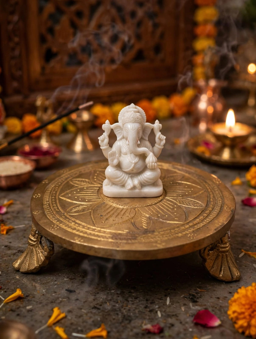 Antique Brass Chowki for Pooja & Home Decor-Traditional Brass Paat for Idol, Diya & Temple Decoration .