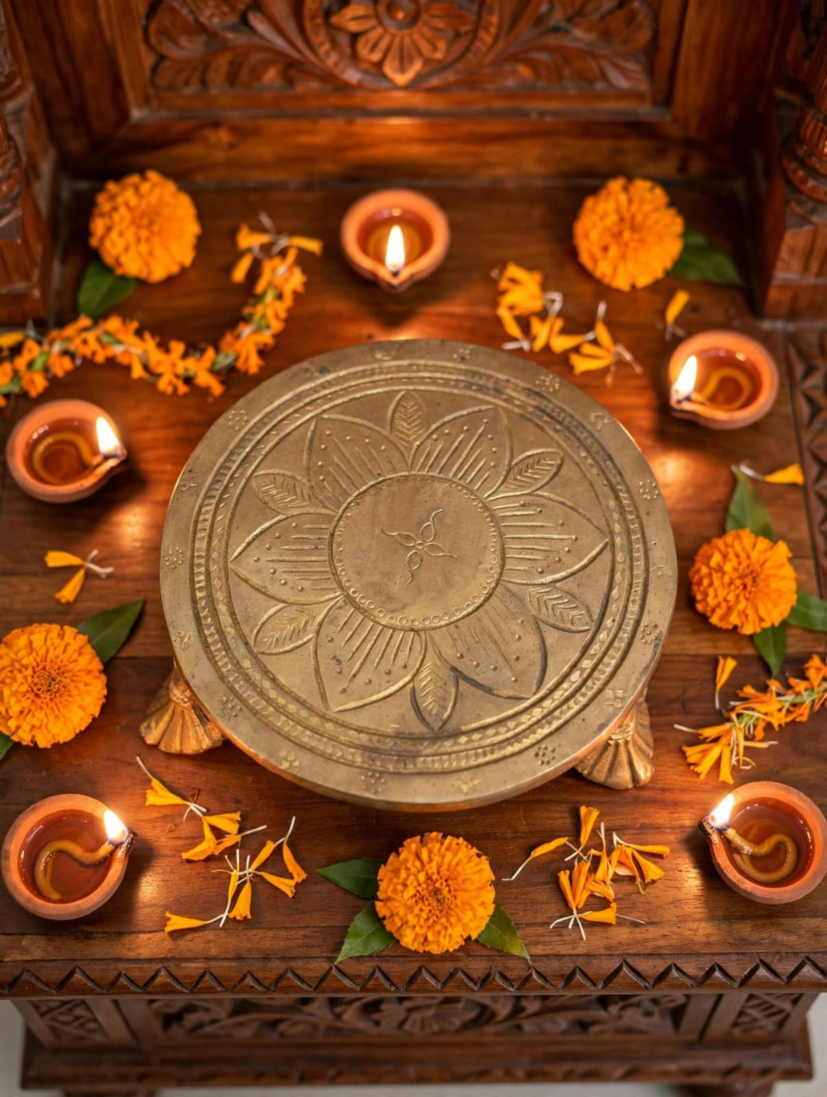 Antique Brass Chowki for Pooja & Home Decor-Traditional Brass Paat for Idol, Diya & Temple Decoration .