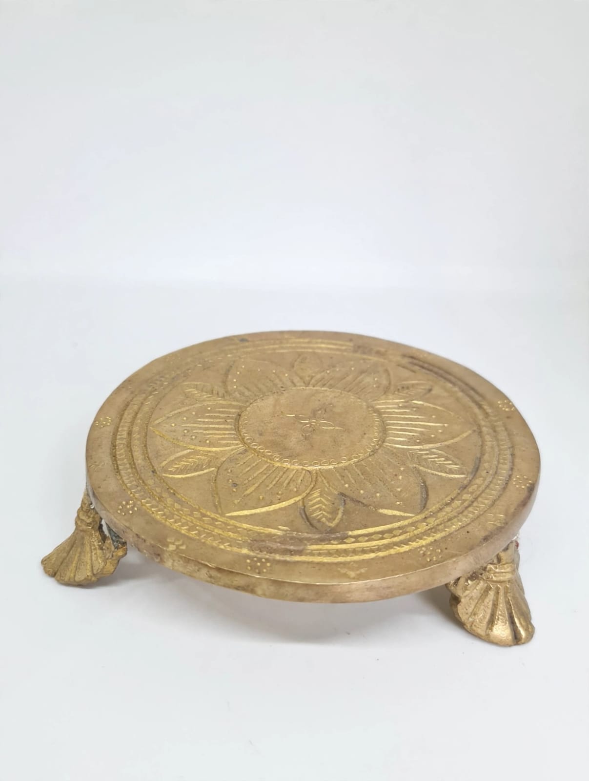 Antique Brass Chowki for Pooja & Home Decor-Traditional Brass Paat for Idol, Diya & Temple Decoration .