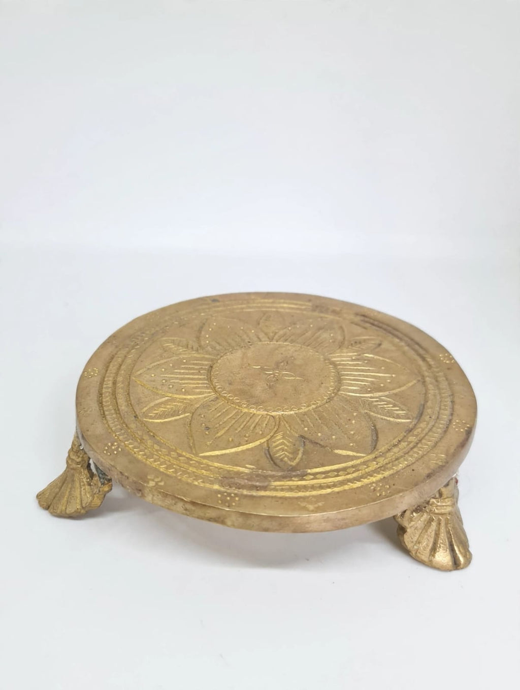 Antique Brass Chowki for Pooja & Home Decor-Traditional Brass Paat for Idol, Diya & Temple Decoration .