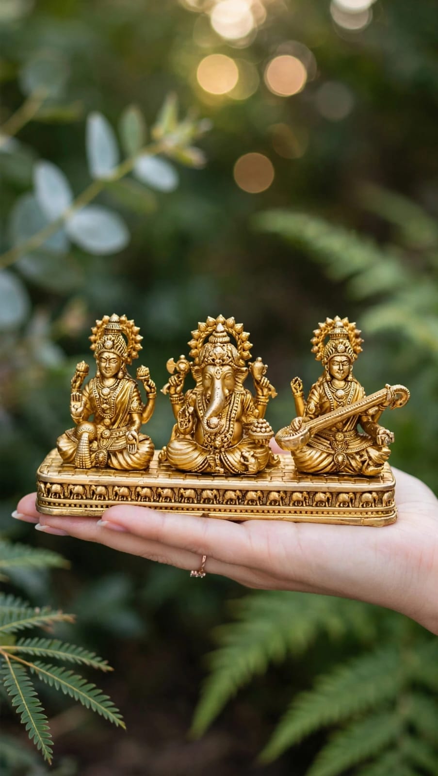 Brass Lakshmi Ganesh Saraswati Idol set for Home Temple, pooja room decor, Diwali gift and hindu religious Decoration.