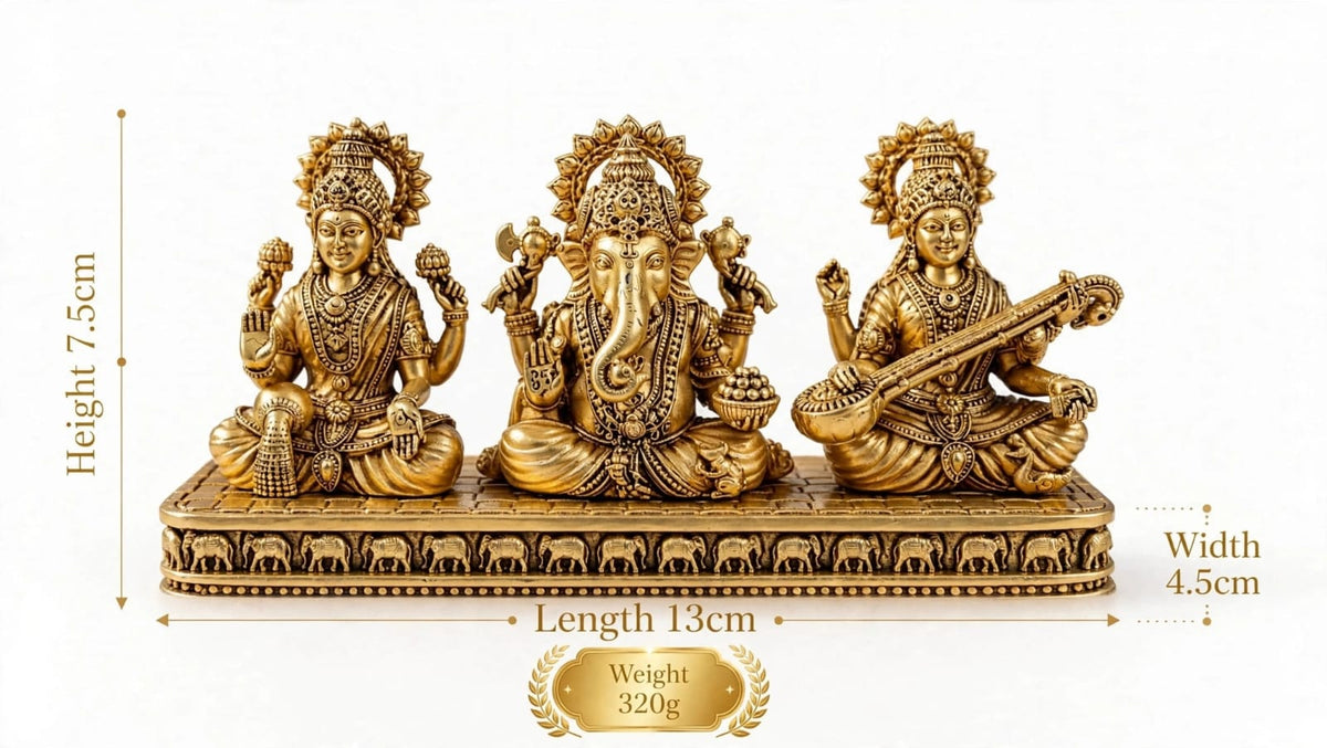 Brass Lakshmi Ganesh Saraswati Idol set for Home Temple, pooja room decor, Diwali gift and hindu religious Decoration.