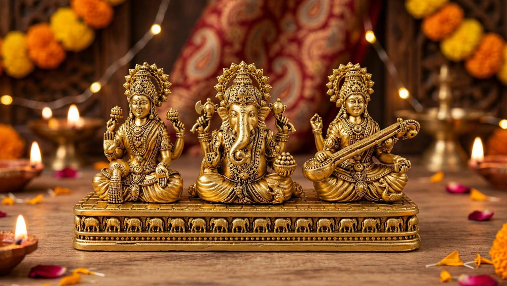 Brass Lakshmi Ganesh Saraswati Idol set for Home Temple, pooja room decor, Diwali gift and hindu religious Decoration.